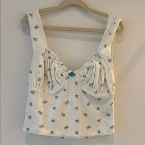 With Jéan Floral White pointelle and Blue Women's Top